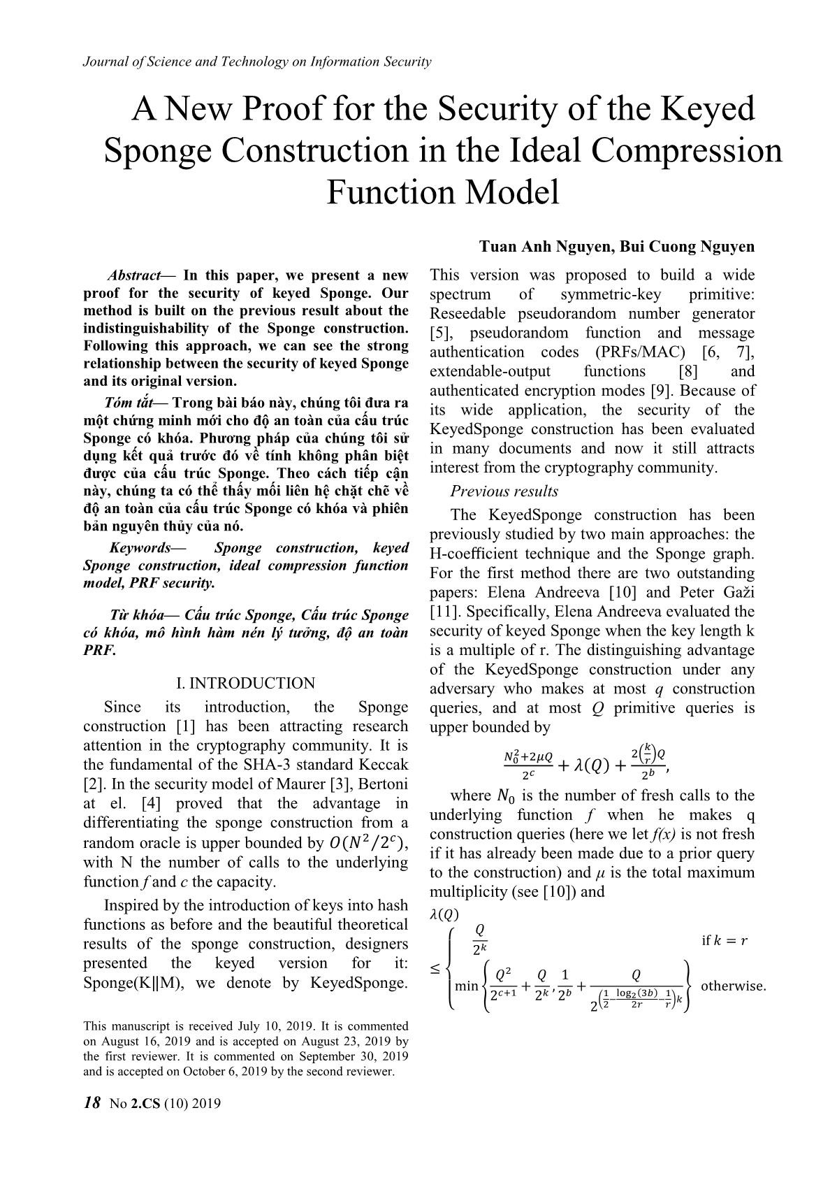 A new proof for the security of the keyed sponge construction in the ideal compression function model trang 1