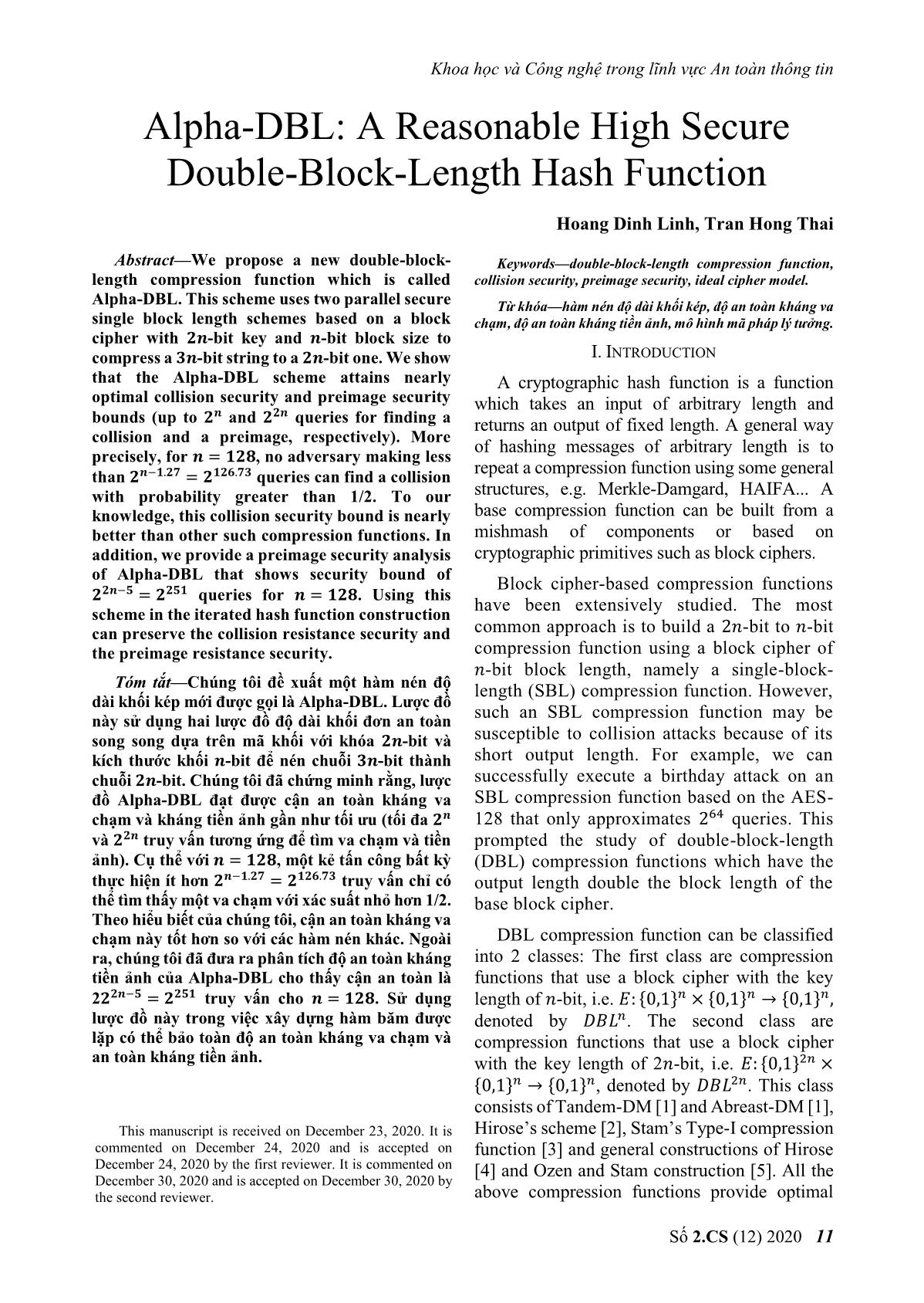 Alpha - Dbl: A reasonable high secure double - block - length hash function trang 1