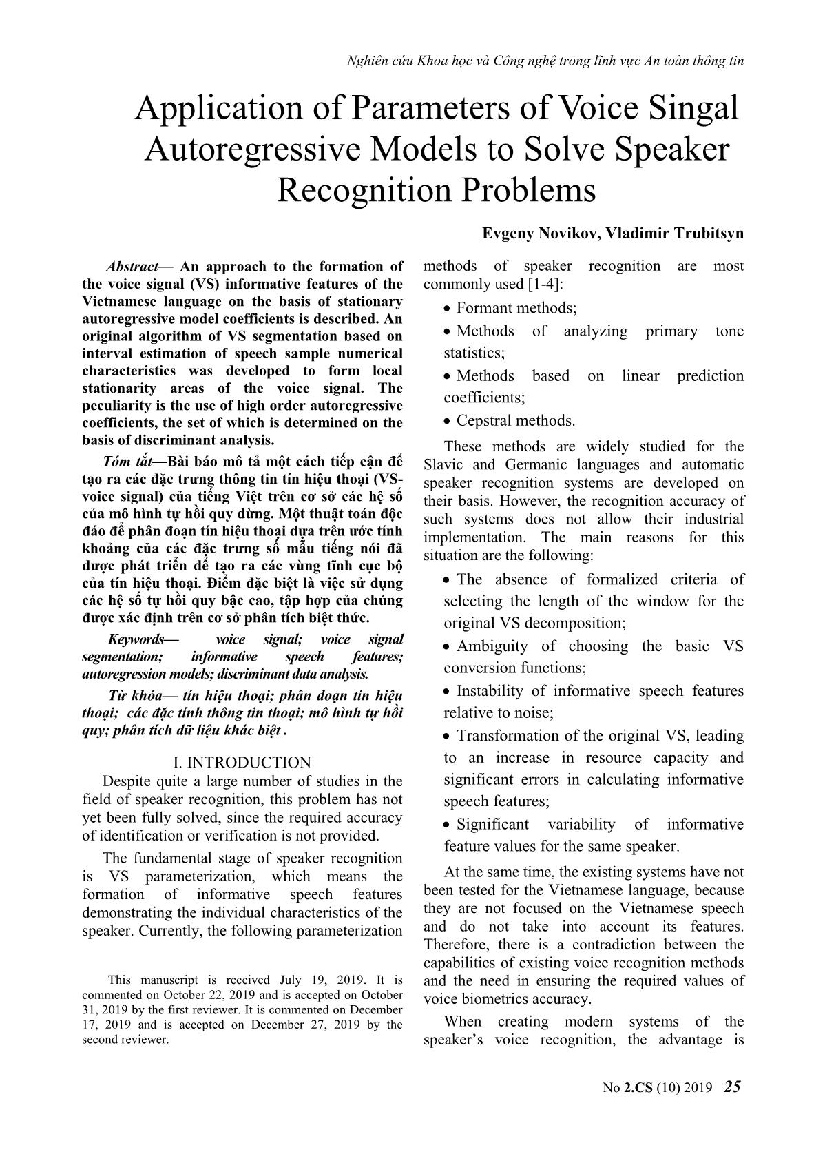 Application of parameters of voice singal autoregressive models to solve speaker recognition problems trang 1