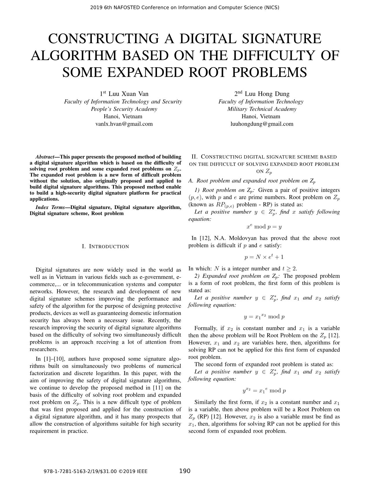 Constructing a digital signature algorithm based on the difficulty of some expanded root problems trang 1