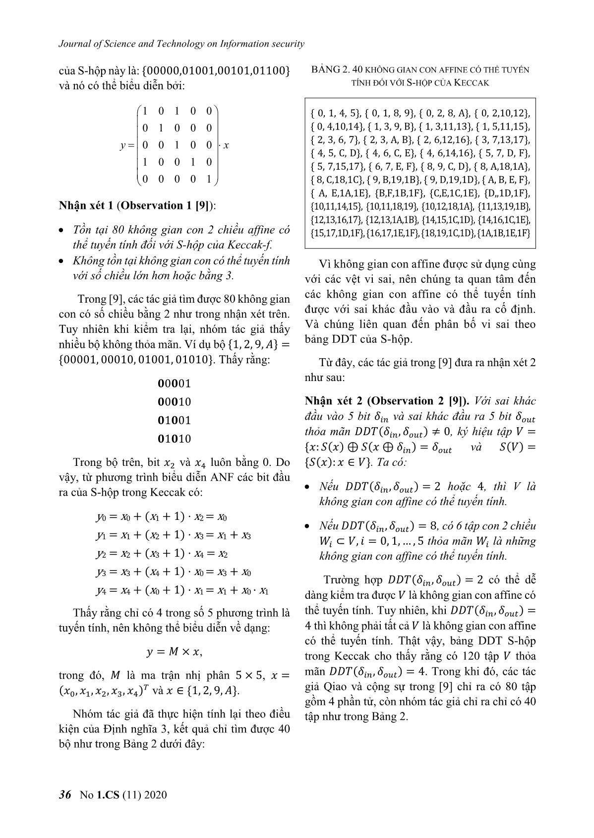 Đề xuất S - Hộp có tính chất mật mã tốt cho hoán vị của hàm băm keccak trang 5
