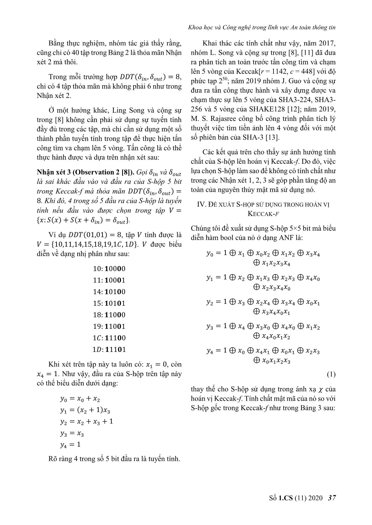Đề xuất S - Hộp có tính chất mật mã tốt cho hoán vị của hàm băm keccak trang 6