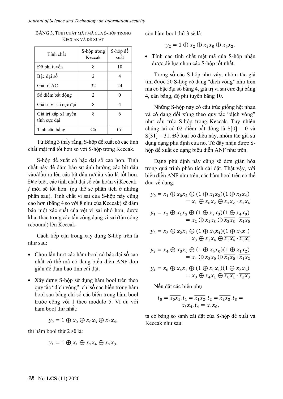 Đề xuất S - Hộp có tính chất mật mã tốt cho hoán vị của hàm băm keccak trang 7