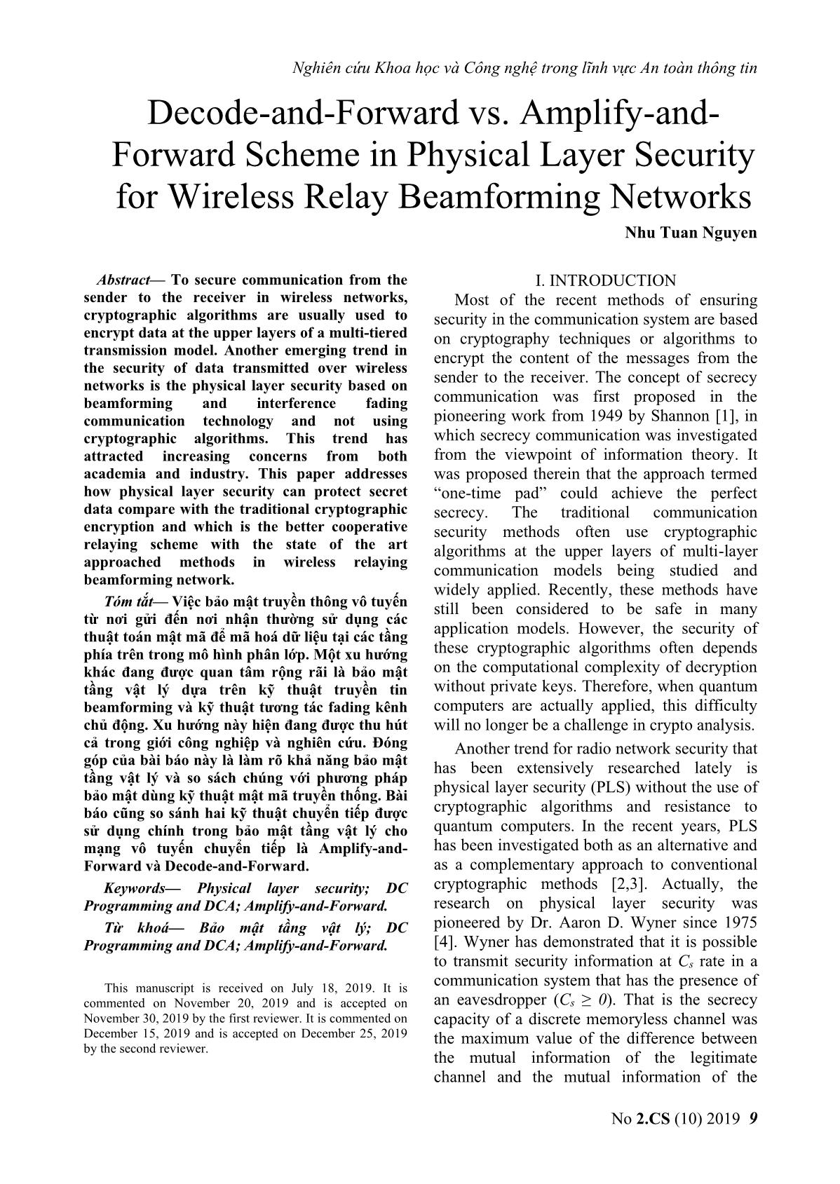 Decode - And-forward vs. amplify - andforward scheme in physical layer security for wireless relay beamforming networks trang 1