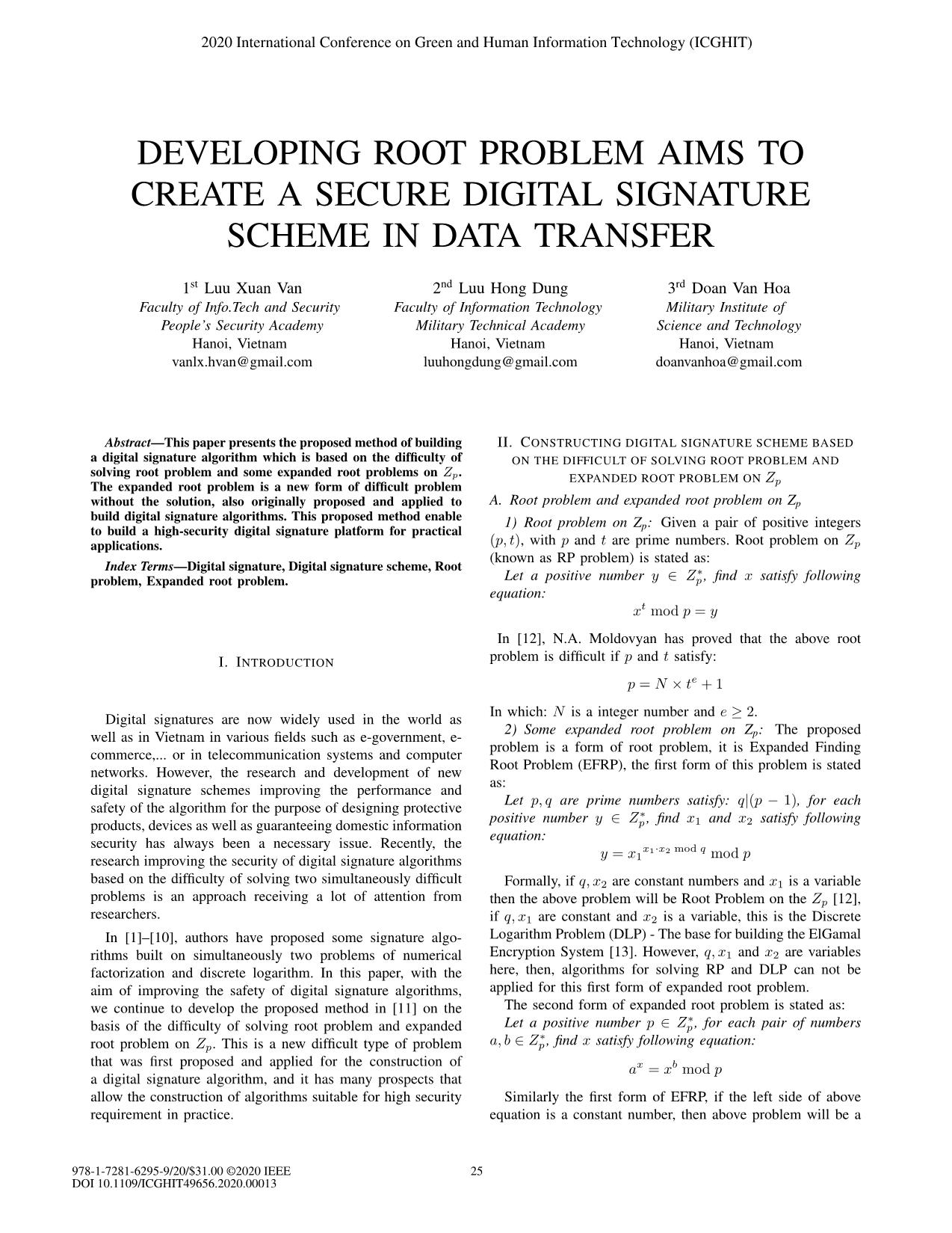 Developing root problem aims to create a secure digital signature scheme in data transfer trang 1