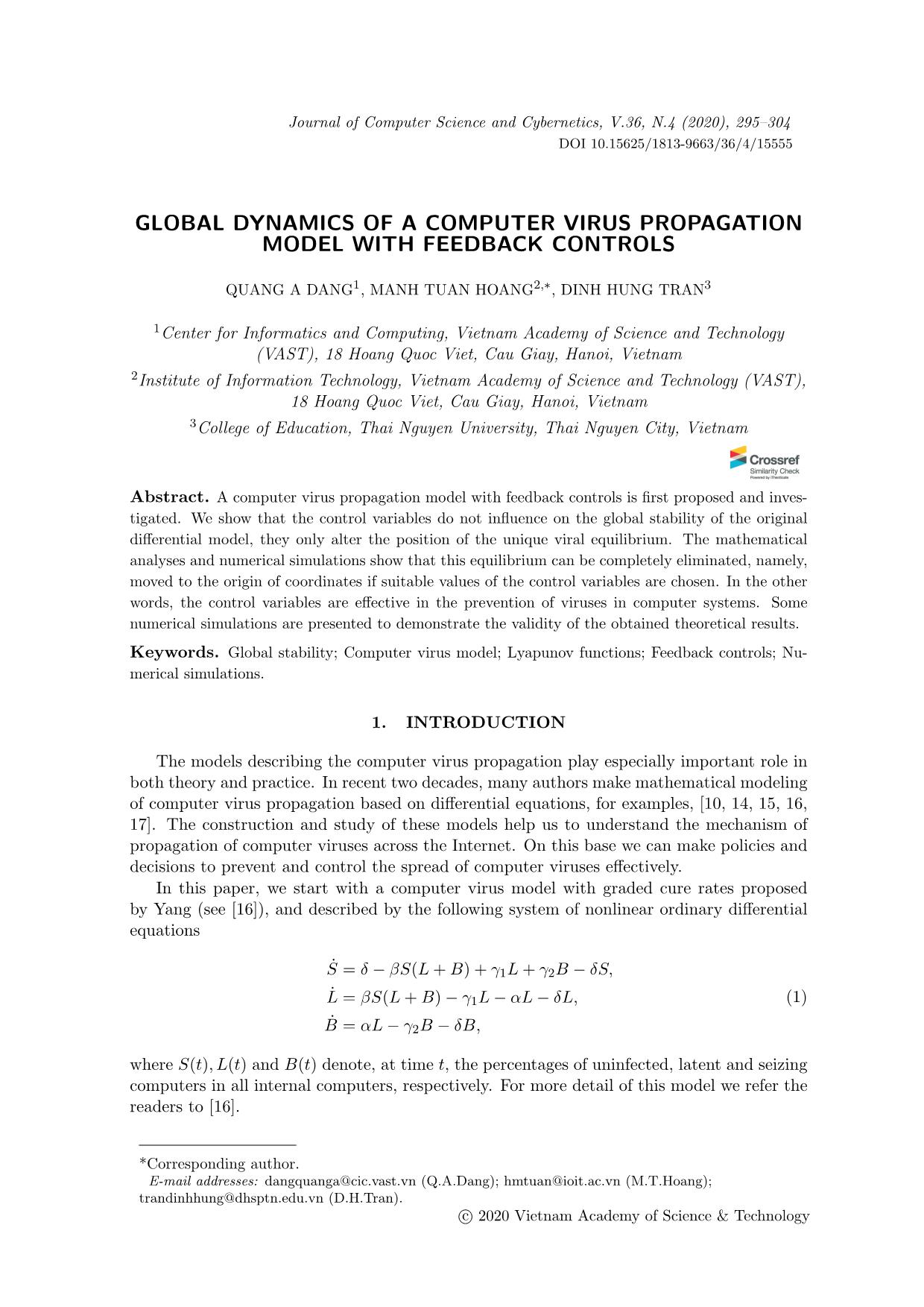 Global dynamics of a computer virus propagation model with feedback controls trang 1