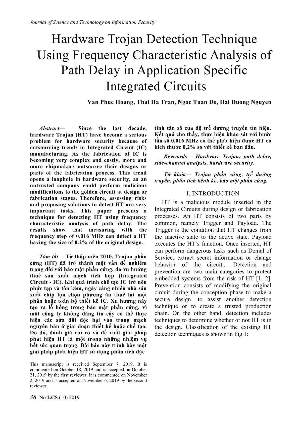 Hardware trojan detection technique using frequency characteristic analysis of path delay in application specific integrated circuits trang 1