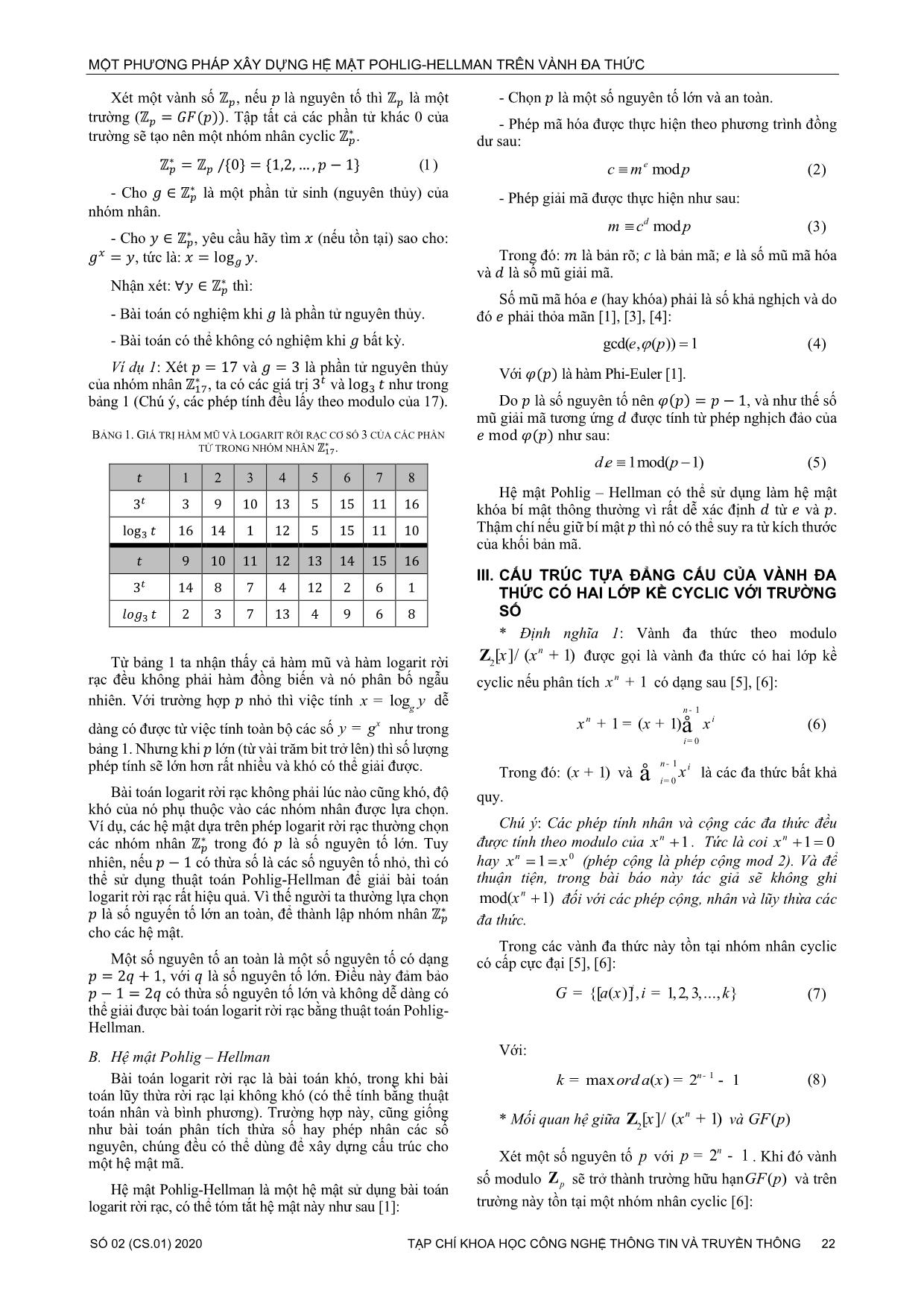 Một phương pháp xây dựng hệ mật pohlig - Hellman trên vành đa thức trang 2