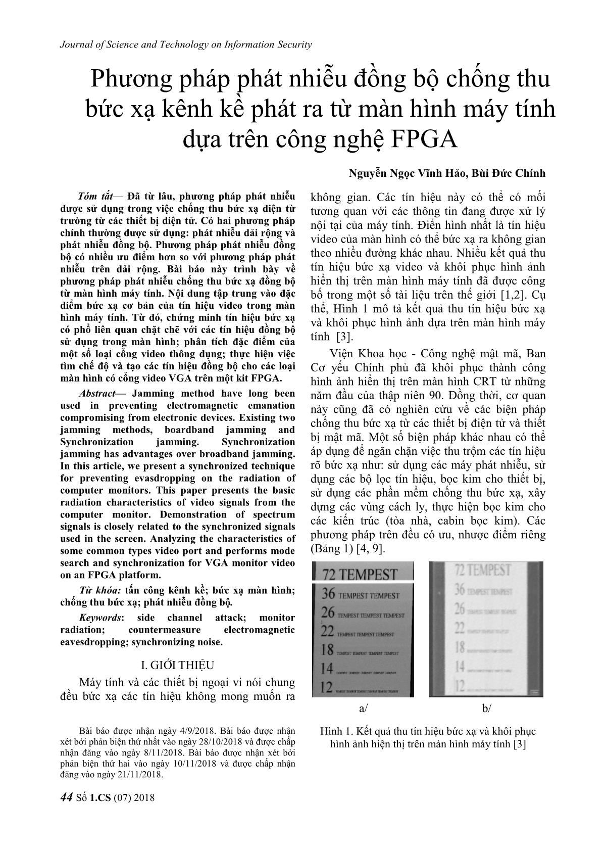 Phương pháp phát nhiễu đồng bộ chống thu bức xạ kênh kề phát ra từ màn hình máy tính dựa trên công nghệ FPGA trang 1