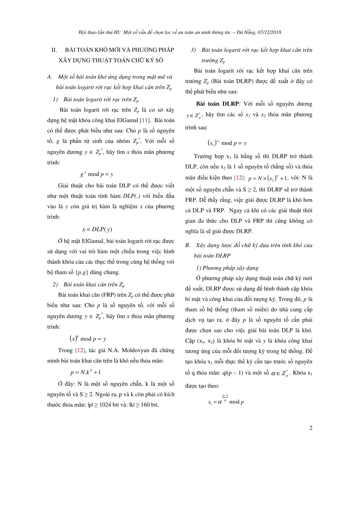 Phương pháp xây dựng thuật toán chữ ký số dựa trên một dạng bài toán khó mới trang 2