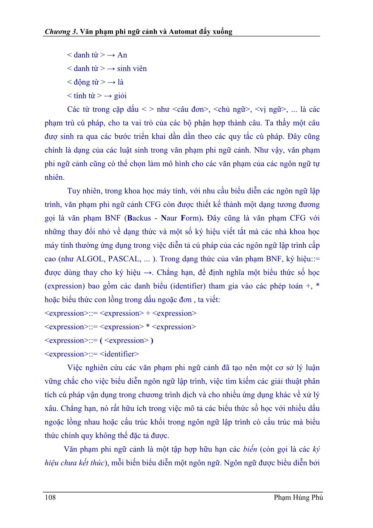 Ngôn ngữ hình thức - Chương 3: Văn phạm phi ngữ cảnh và automat đẩy xuống trang 2
