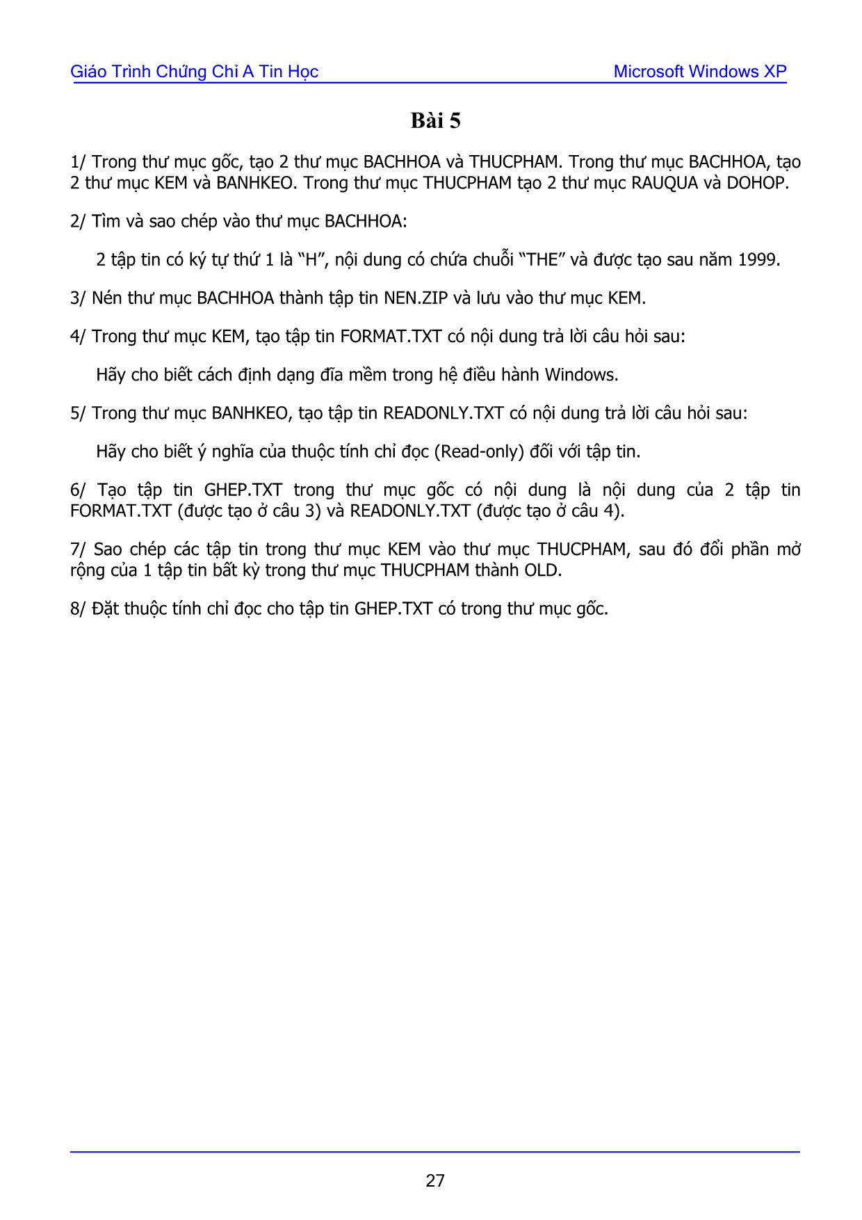 Giáo trình chứng chỉ A Tin học - Bài tập thực hành microsoft windows XP trang 5