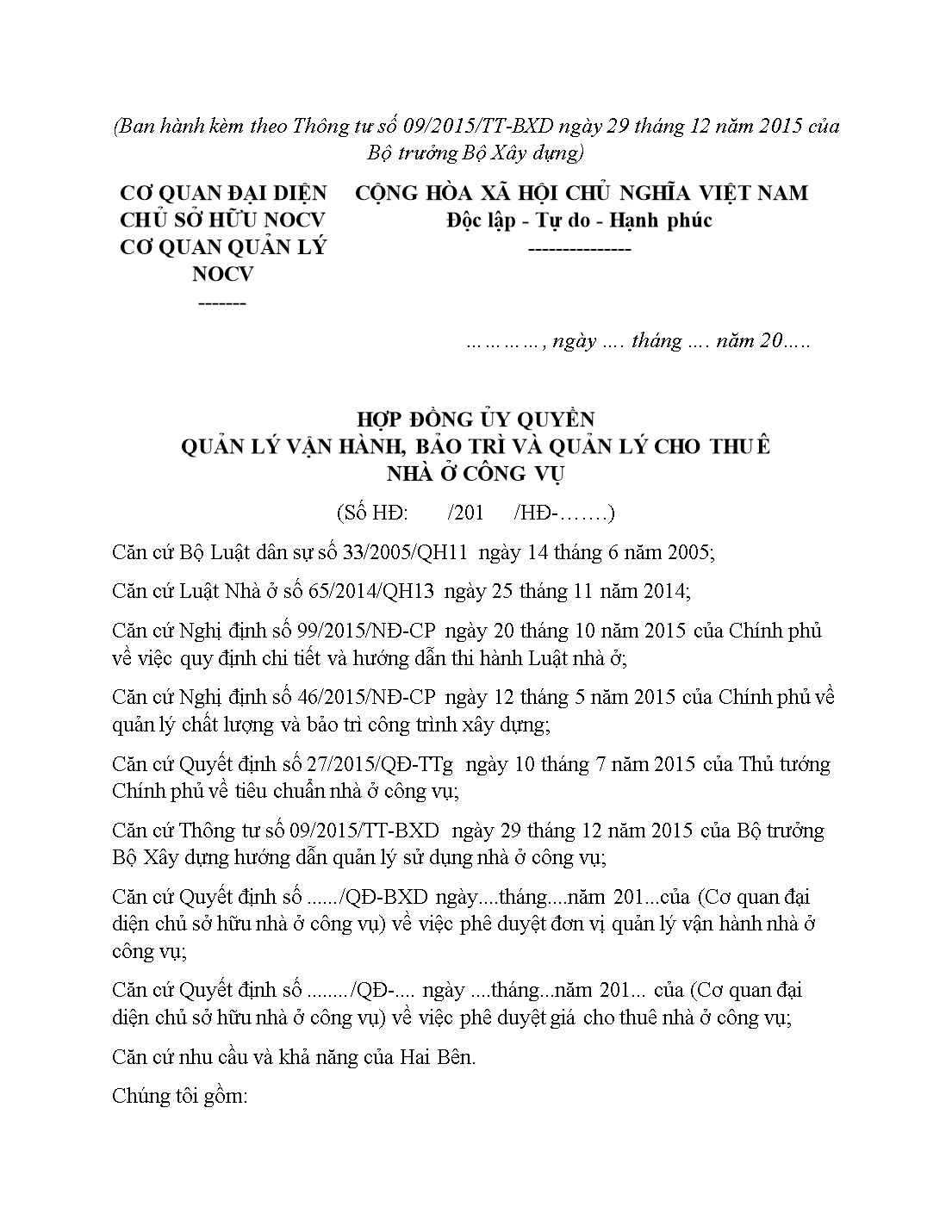 Mẫu hợp đồng ủy quyền quản lý vận hành, bảo trì và quản lý cho thuê nhà ở công vụ trang 1