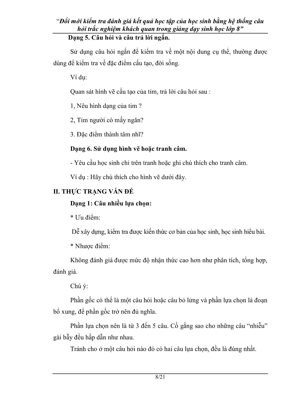 SKKN  Đổi mới kiểm tra đánh giá kết quả học tập của học sinh bằng hệ thống câu hỏi trắc nghiệm khách quan trong giảng dạy Sinh học lớp 8 trang 8