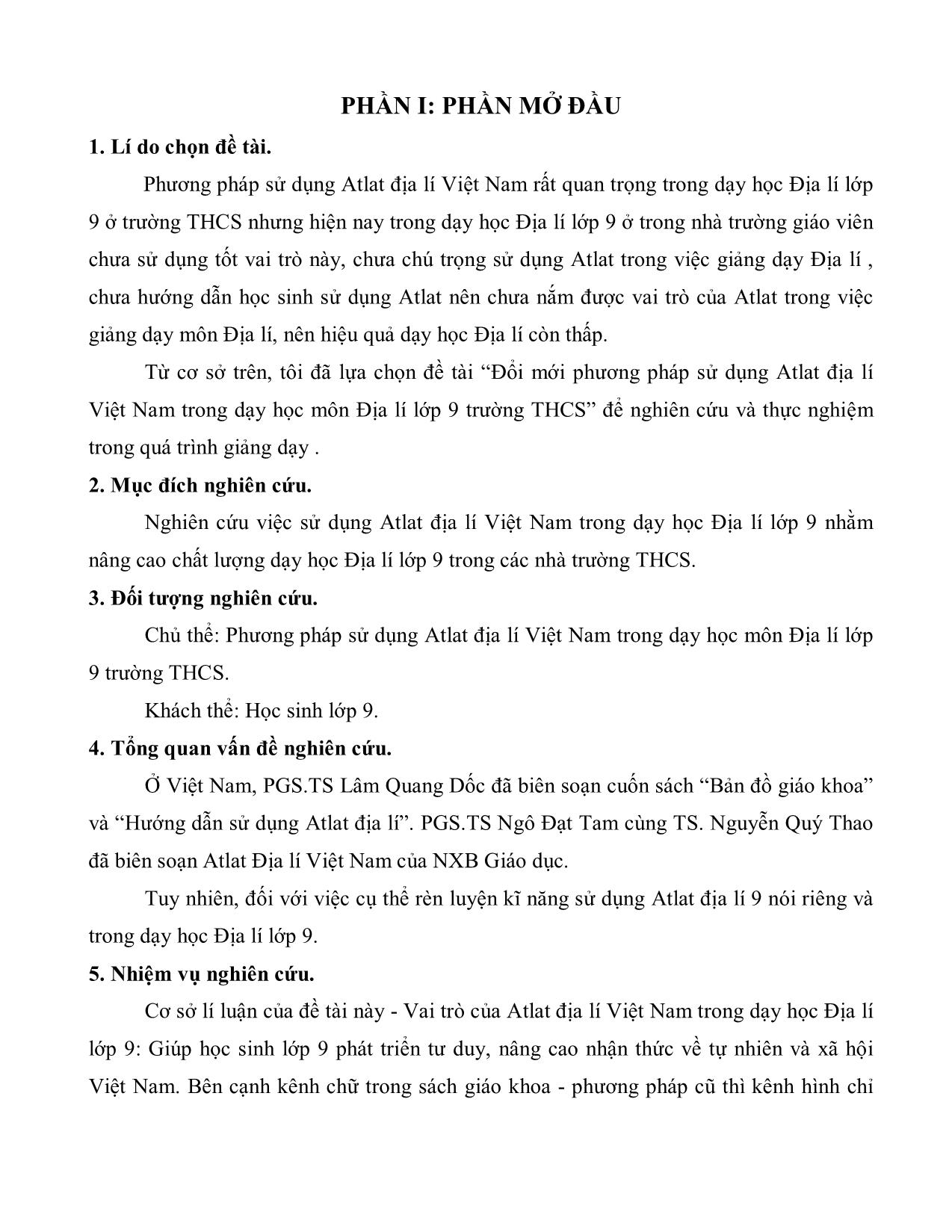 Sáng kiến kinh nghiệm Đổi mới sử dụng atlat Địa lí Việt Nam trong dạy học môn Địa lí lớp 9 trang 3