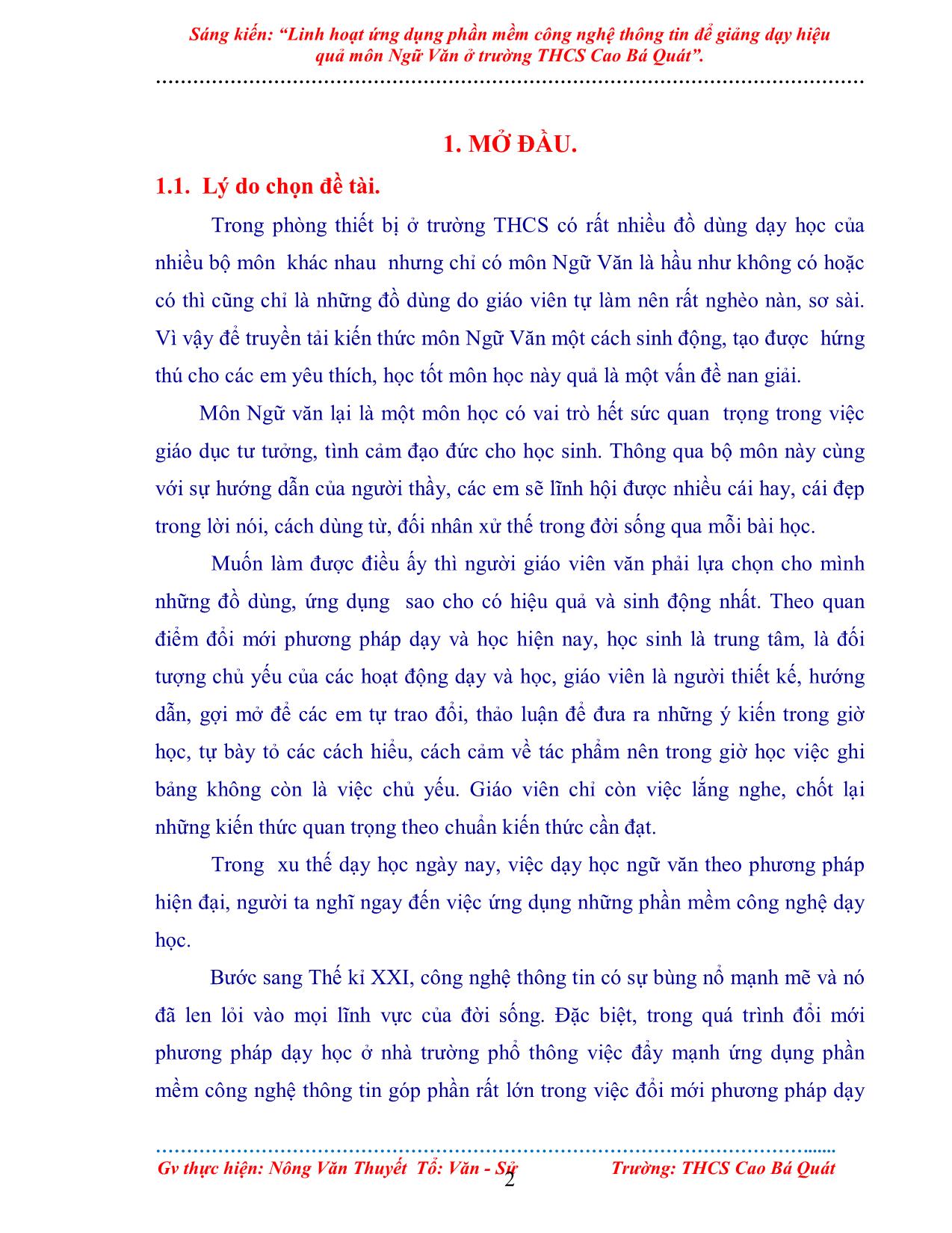 Sáng kiến Linh hoạt ứng dụng phần mềm công nghệ thông tin để giảng dạy hiệu quả môn Ngữ Văn ở trường THCS Cao Bá Quát trang 2