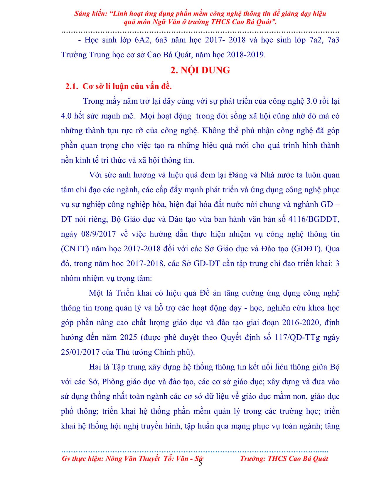 Sáng kiến Linh hoạt ứng dụng phần mềm công nghệ thông tin để giảng dạy hiệu quả môn Ngữ Văn ở trường THCS Cao Bá Quát trang 5