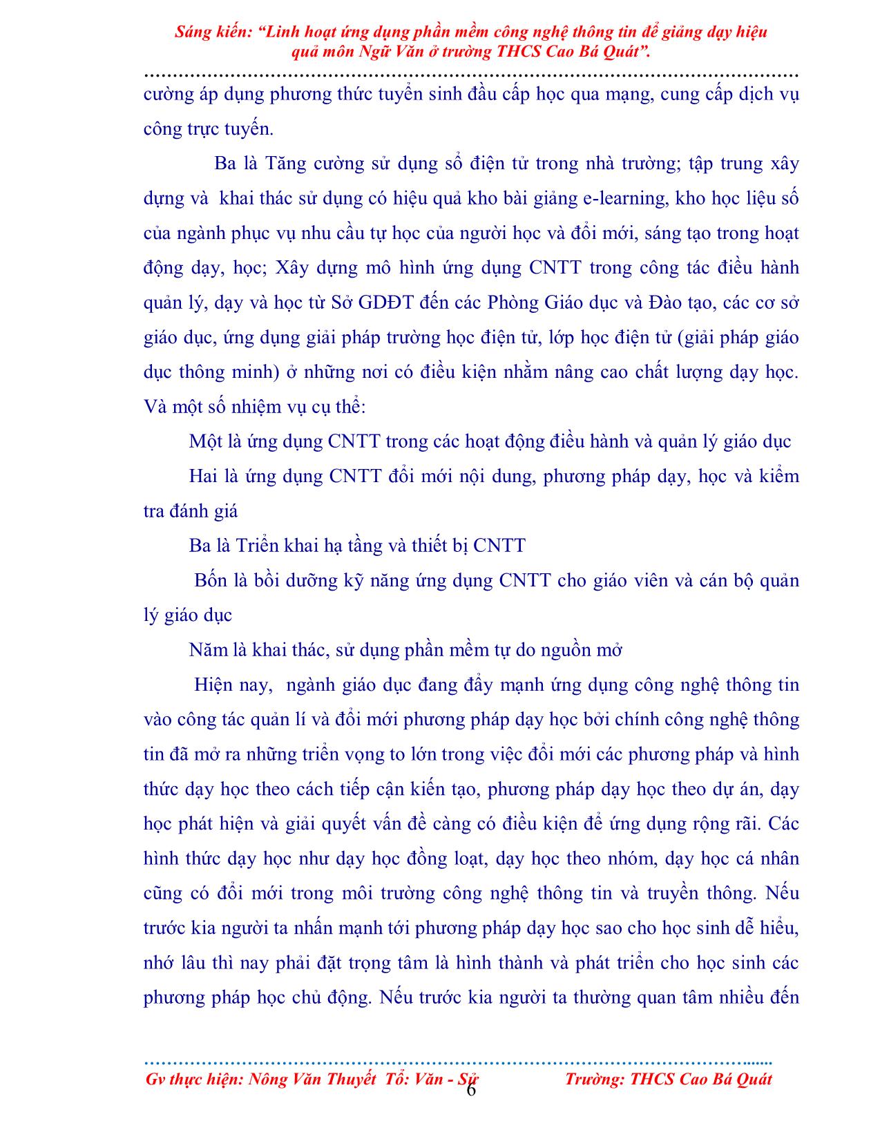 Sáng kiến Linh hoạt ứng dụng phần mềm công nghệ thông tin để giảng dạy hiệu quả môn Ngữ Văn ở trường THCS Cao Bá Quát trang 6
