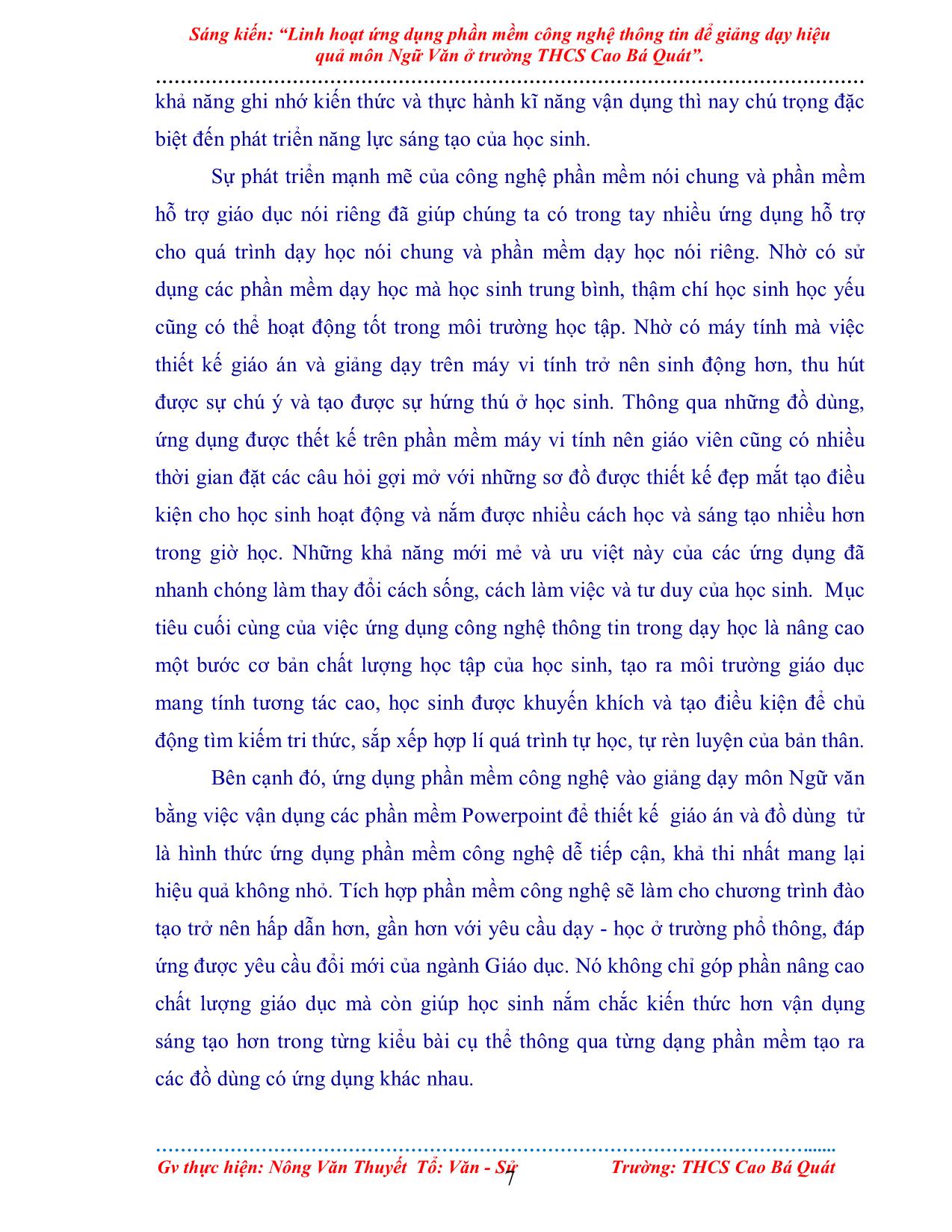 Sáng kiến Linh hoạt ứng dụng phần mềm công nghệ thông tin để giảng dạy hiệu quả môn Ngữ Văn ở trường THCS Cao Bá Quát trang 7