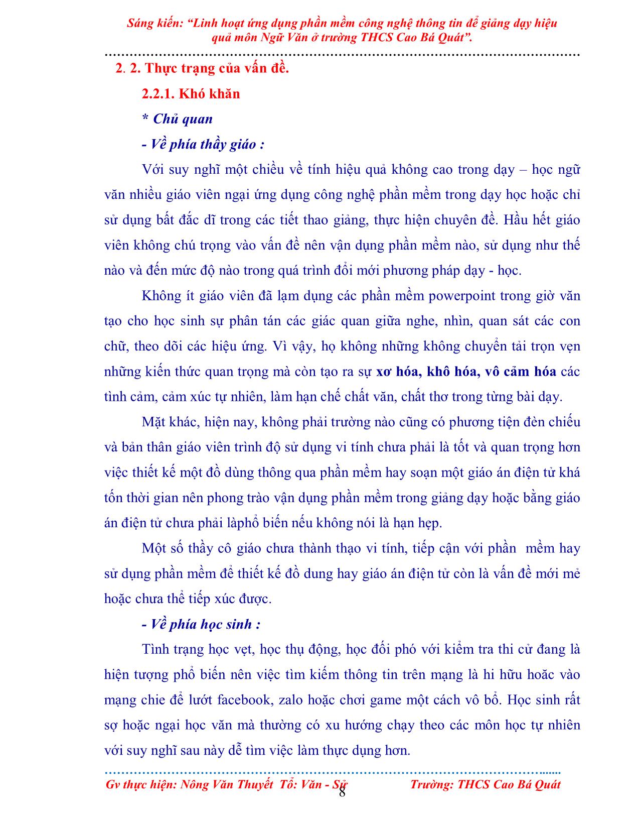 Sáng kiến Linh hoạt ứng dụng phần mềm công nghệ thông tin để giảng dạy hiệu quả môn Ngữ Văn ở trường THCS Cao Bá Quát trang 8