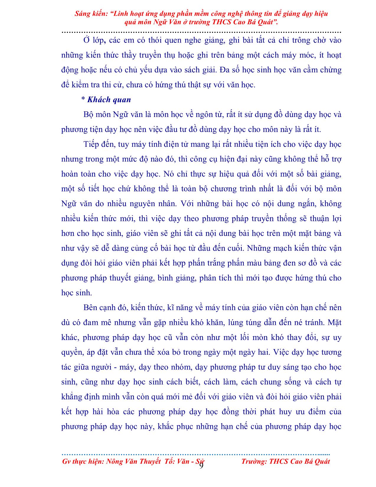 Sáng kiến Linh hoạt ứng dụng phần mềm công nghệ thông tin để giảng dạy hiệu quả môn Ngữ Văn ở trường THCS Cao Bá Quát trang 9
