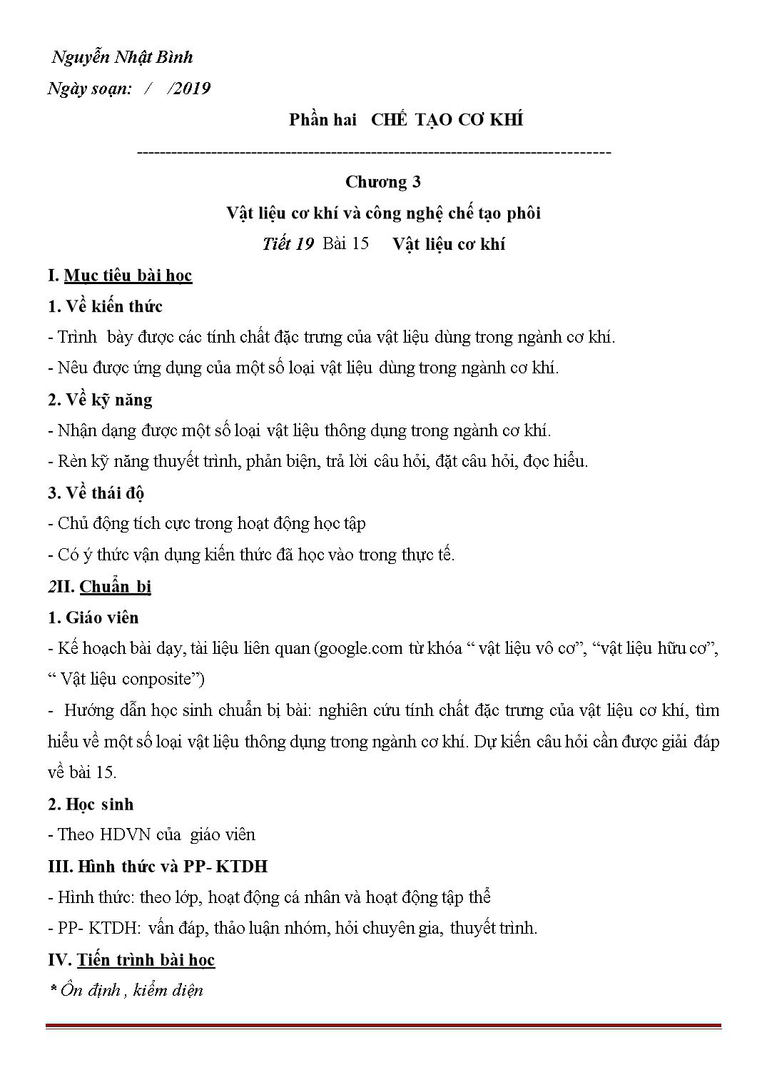 Giáo án Công nghệ Lớp 11 - Học kì 2 - Nguyễn Nhật Bình trang 1
