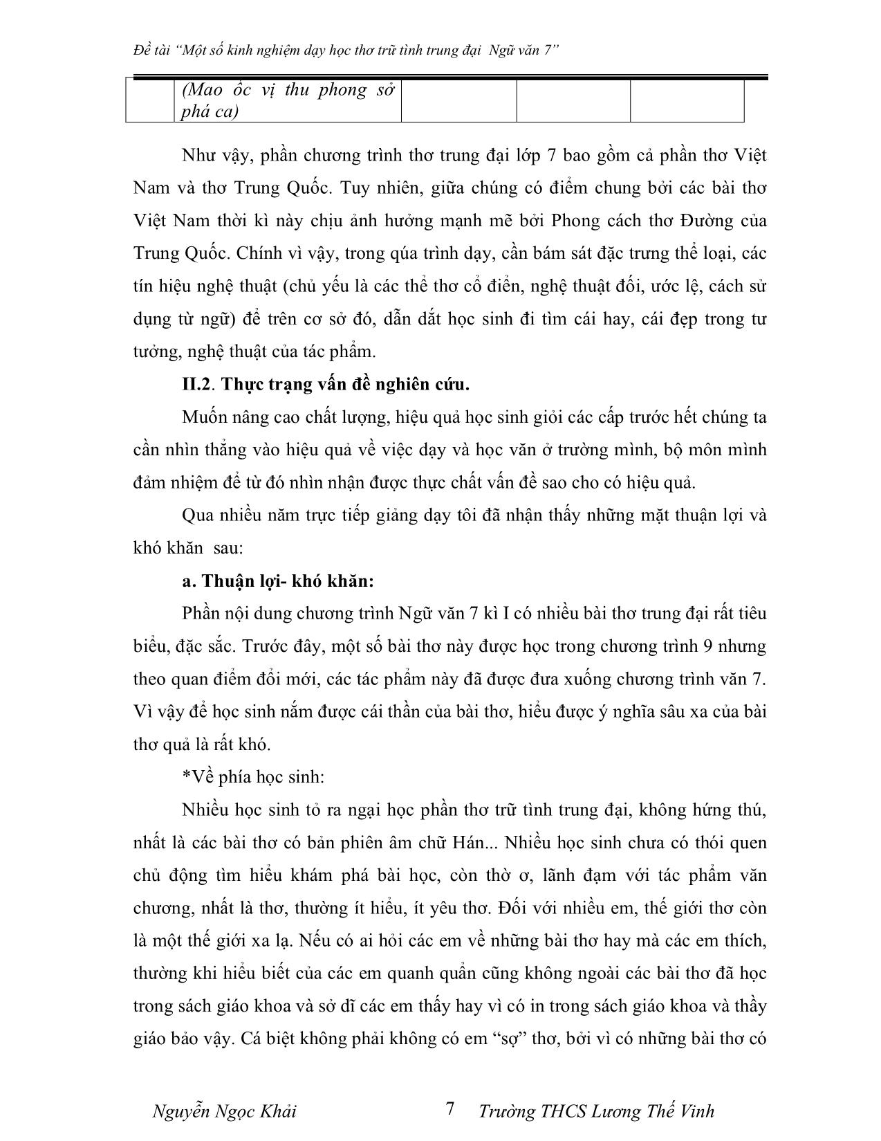 SKKN Một số kinh nghiệm dạy học thơ trữ tình trung đại Ngữ văn 7 trang 7