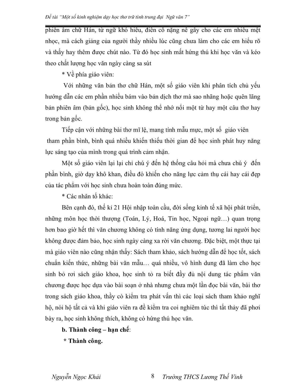 SKKN Một số kinh nghiệm dạy học thơ trữ tình trung đại Ngữ văn 7 trang 8