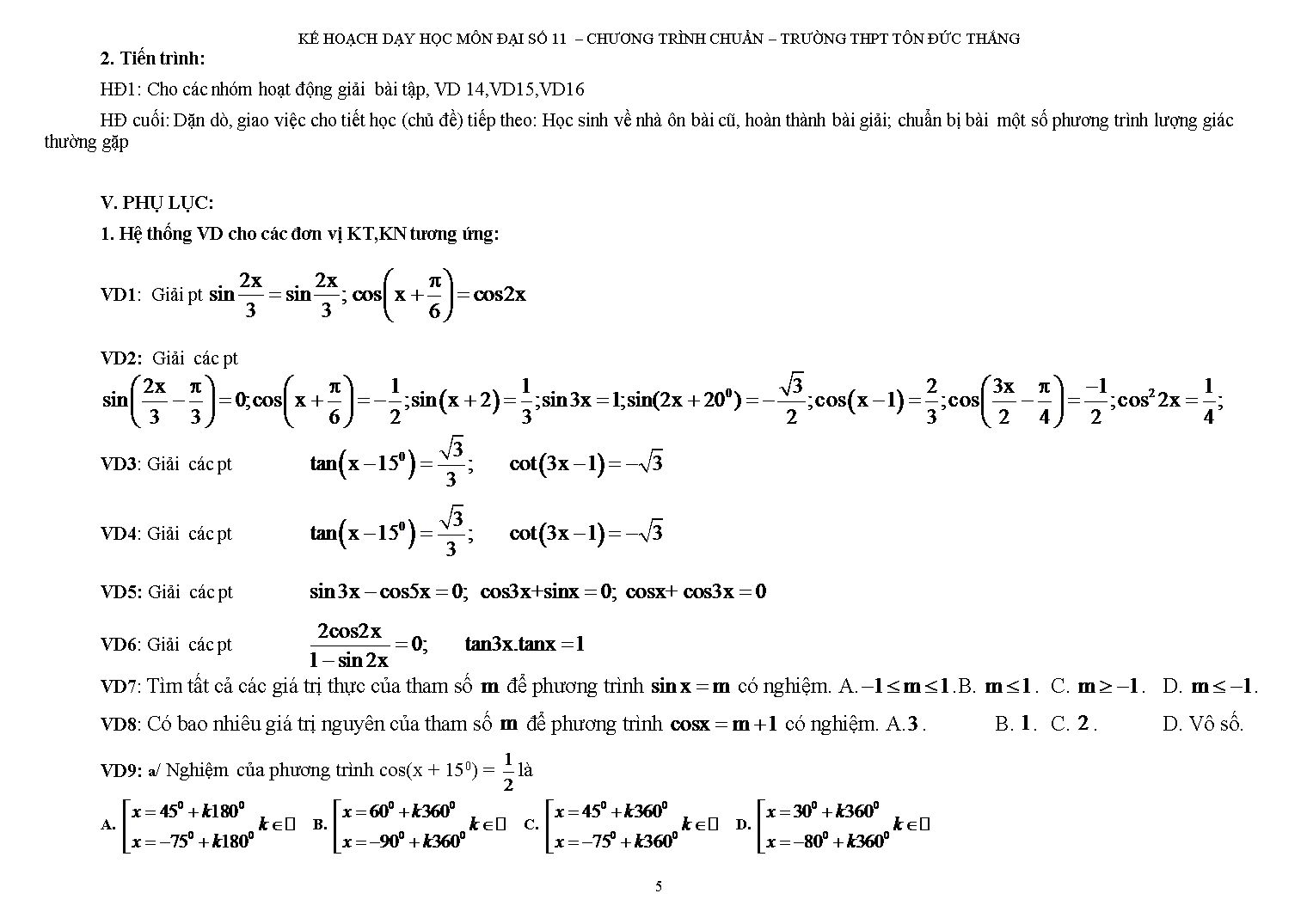 Giáo án Đại số Lớp 11 - Bài: Phương trình lượng giác cơ bản trang 5
