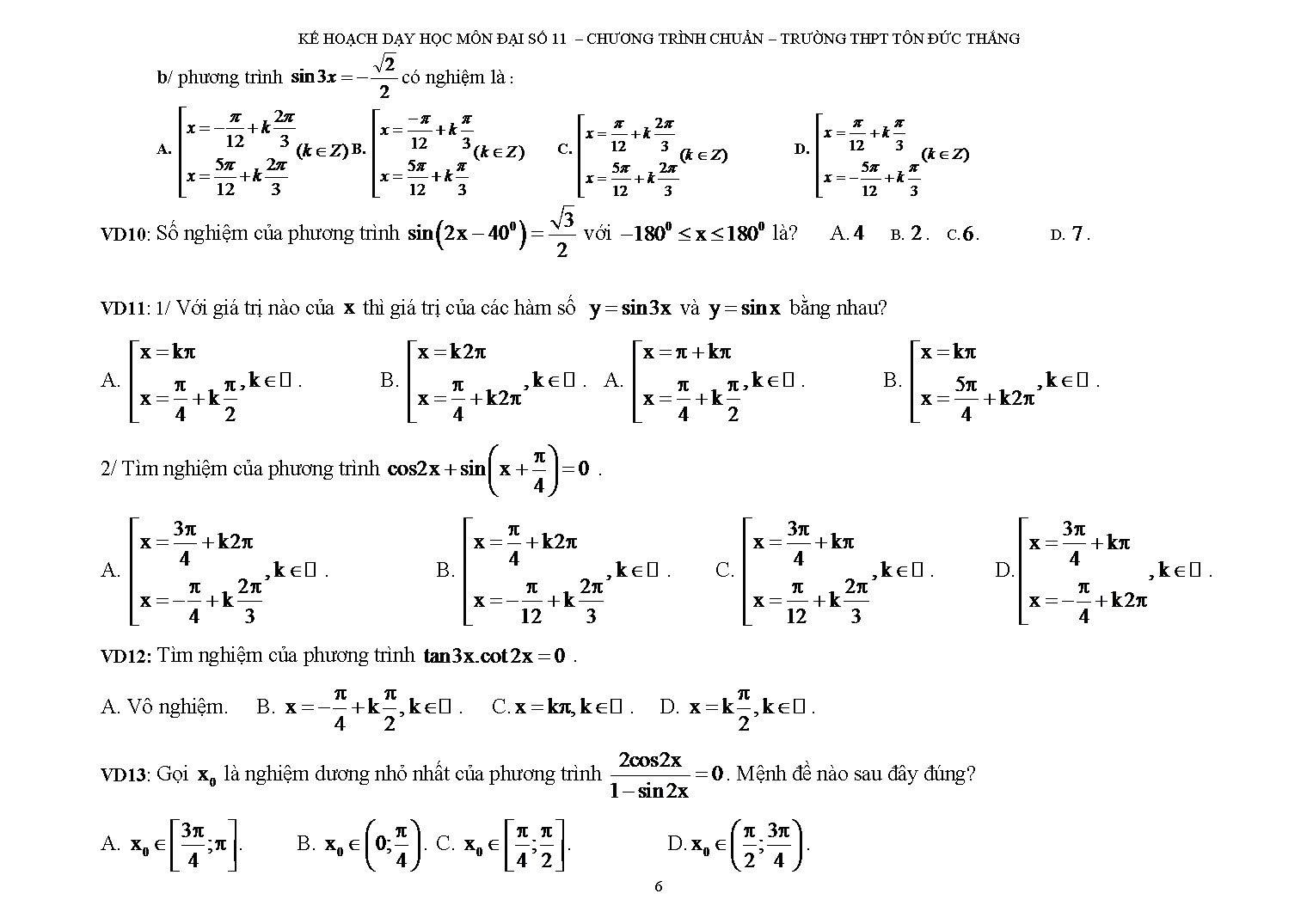 Giáo án Đại số Lớp 11 - Bài: Phương trình lượng giác cơ bản trang 6