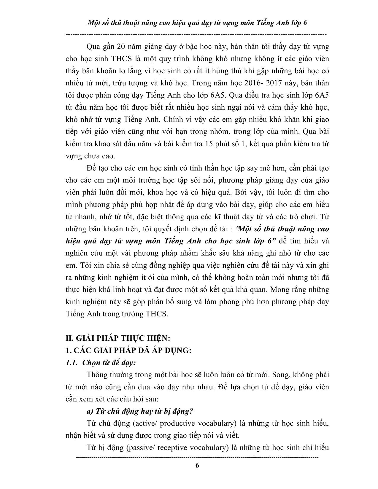 Sáng kiến kinh nghiệm Một số thủ thuật nâng cao hiệu quả dạy từ vựng môn Tiếng Anh lớp 6 trang 6
