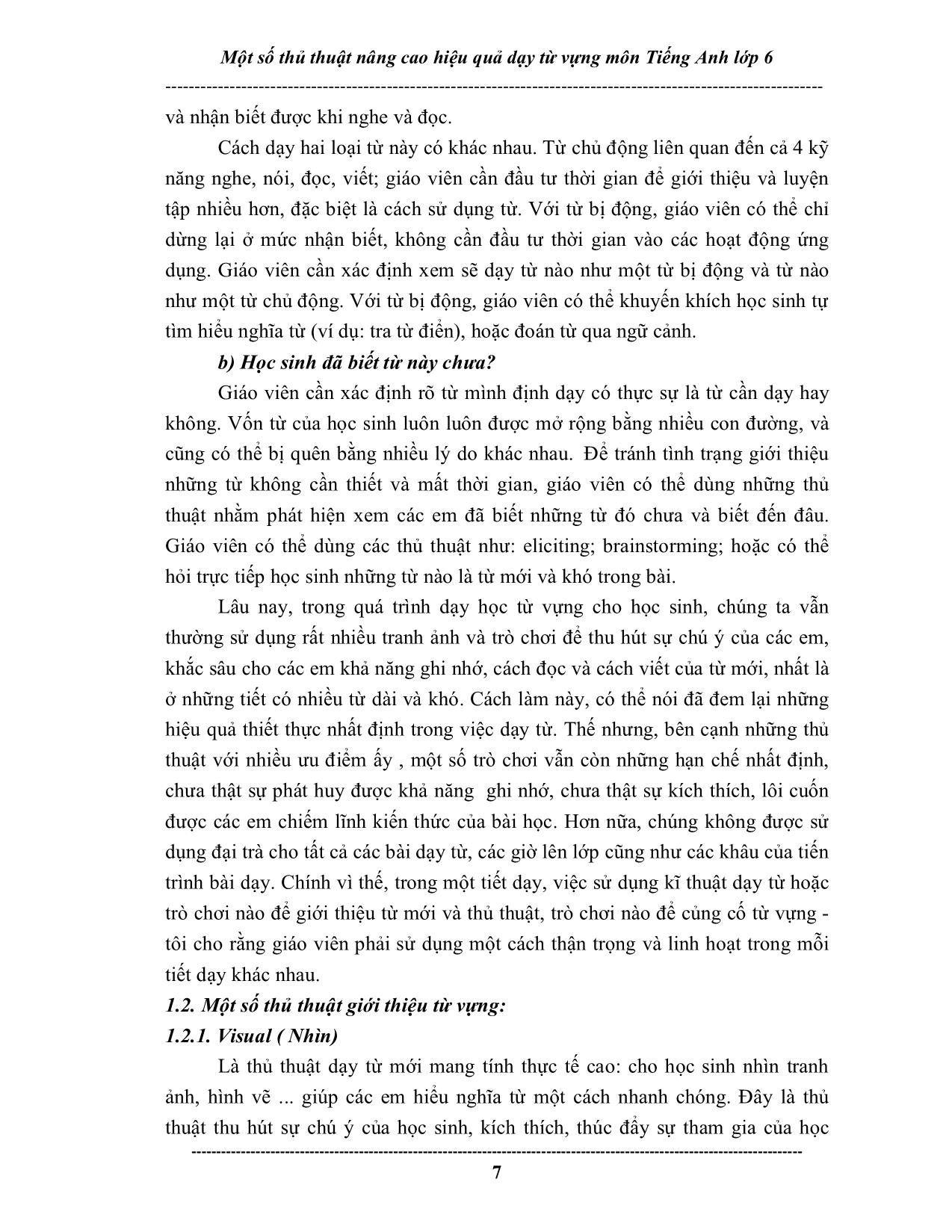 Sáng kiến kinh nghiệm Một số thủ thuật nâng cao hiệu quả dạy từ vựng môn Tiếng Anh lớp 6 trang 7