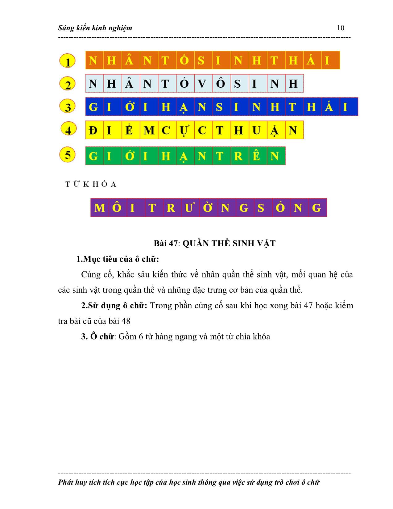 SKKN Phát huy tính tích cực học tập của học sinh thông qua việc sử dụng trò chơi ô chữ trong giảng dạy Sinh học 9 trang 10