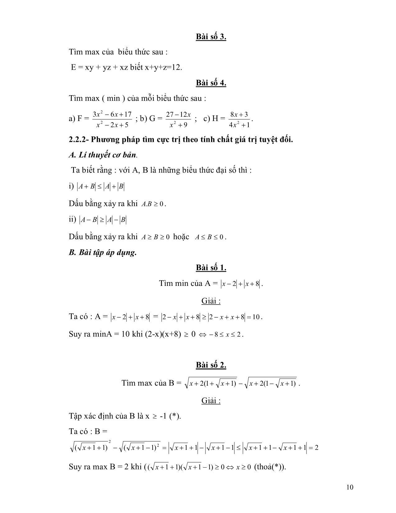 Sáng kiến kinh nghiệm Một số phương pháp giải bài toán cực trị đại số cho học sinh THCS trang 10