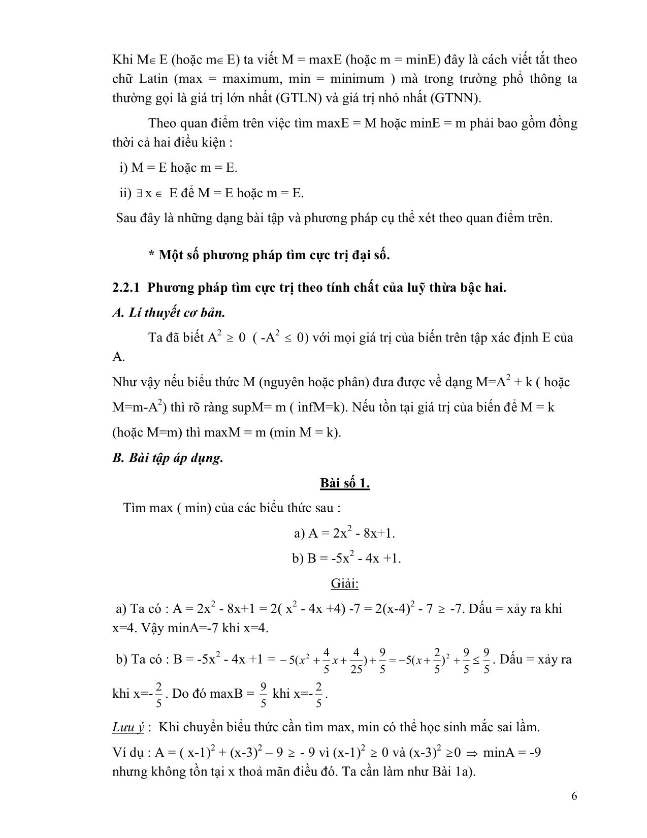 Sáng kiến kinh nghiệm Một số phương pháp giải bài toán cực trị đại số cho học sinh THCS trang 6