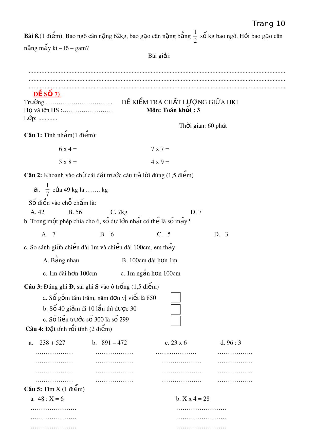 Một số đề ôn kiểm tra giữa học kì I - Môn Toán lớp 3 trang 10