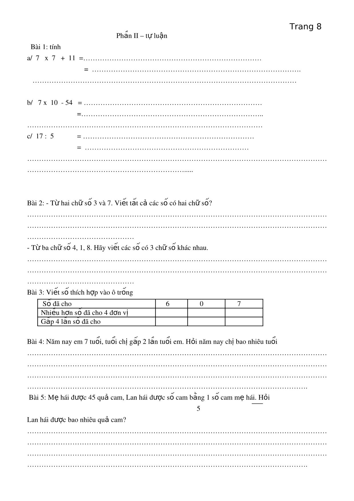 Một số đề ôn kiểm tra giữa học kì I - Môn Toán lớp 3 trang 8