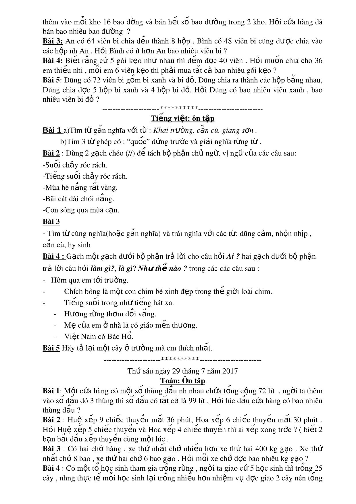 Bài tập ôn hè 3 lên 4 môn Toán + Tiếng Việt trang 9