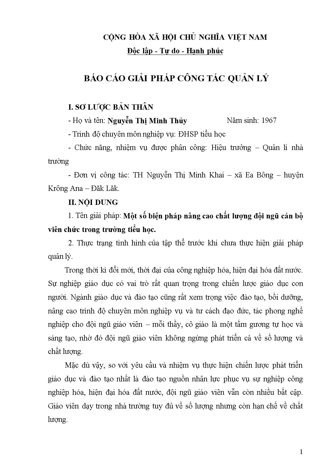 Mẫu Báo cáo giải pháp công tác quản lý - Một số biện pháp nâng cao chất lượng đội ngũ cán bộ viên chức trong trường tiểu học trang 1