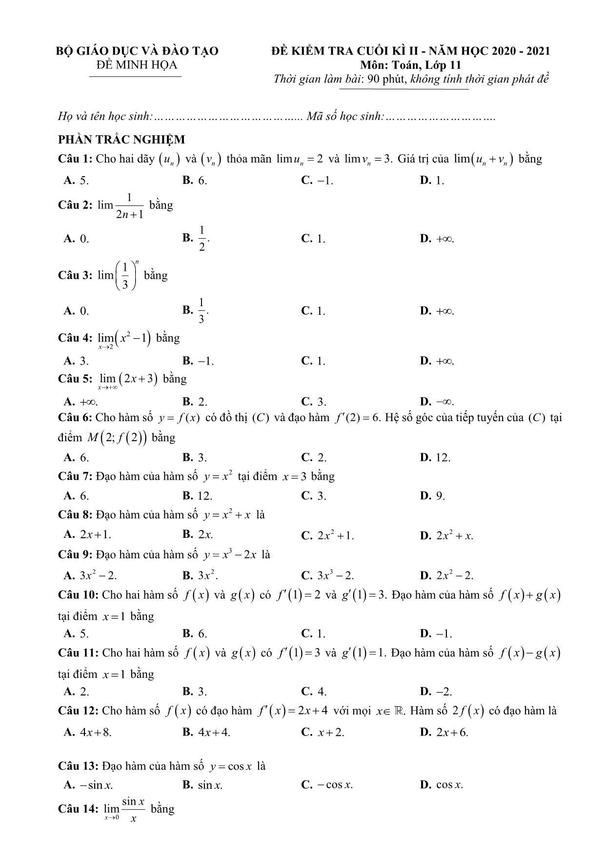 Đề kiểm tra cuối kì II môn Toán Lớp 11- Năm học 2020-2021 trang 1