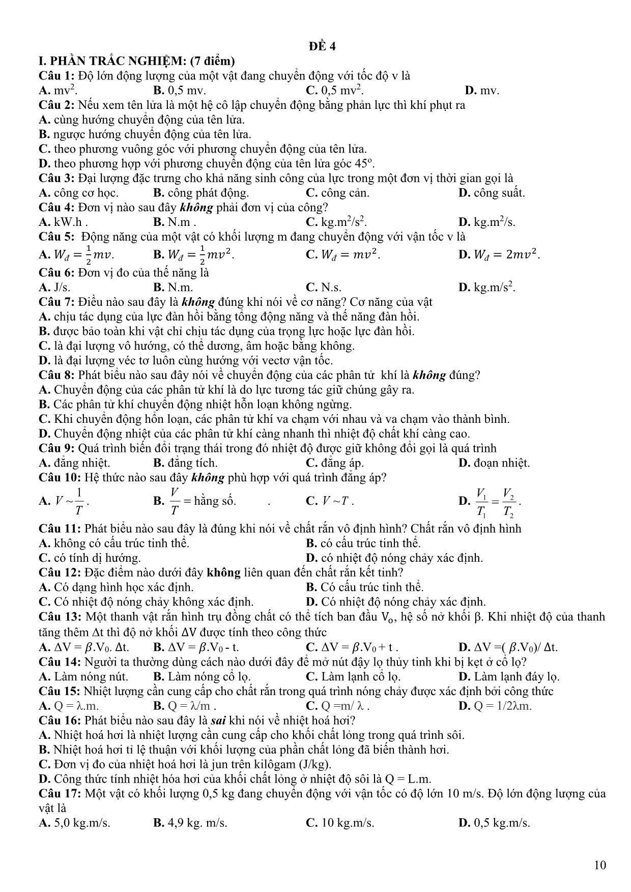 Đề minh họa kiểm tra cuối kì II môn Vật lý 10 -  Năm học 2020-2021 trang 10