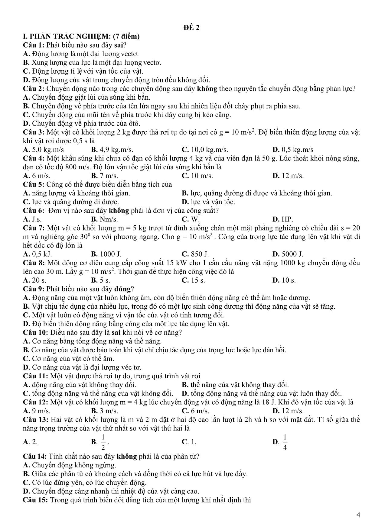 Đề minh họa kiểm tra cuối kì II môn Vật lý 10 -  Năm học 2020-2021 trang 4