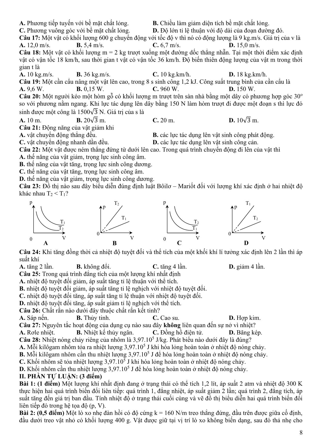 Đề minh họa kiểm tra cuối kì II môn Vật lý 10 -  Năm học 2020-2021 trang 8