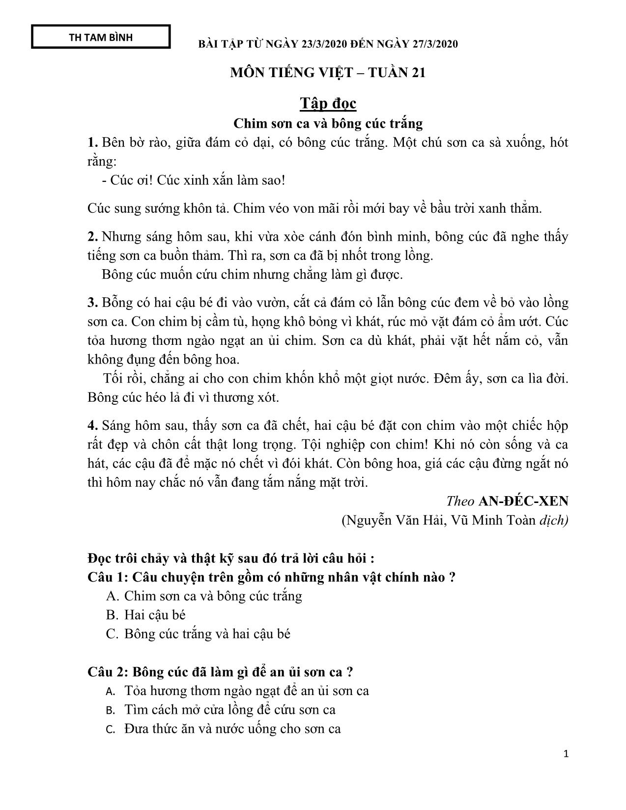 Đề cương ôn tập môn Tiếng Việt – Tuần 21: Tập đọc chim sơn ca và bông cúc trắng trang 1