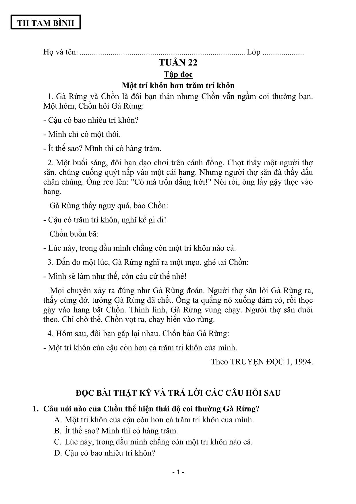 Đề cương ôn tập Tiếng Việt 2 - Tuần 22 trang 1