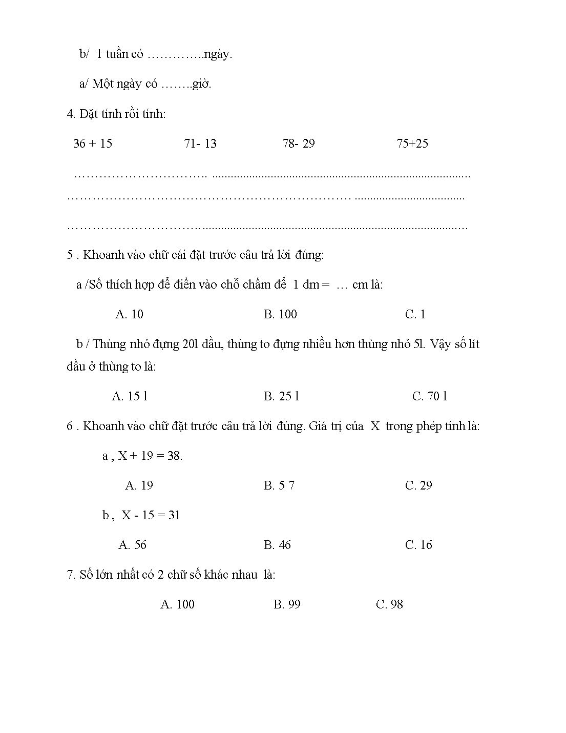 Đề cương ôn tập môn Toán lớp 2 - Trường tiểu học Bách Thuận trang 7
