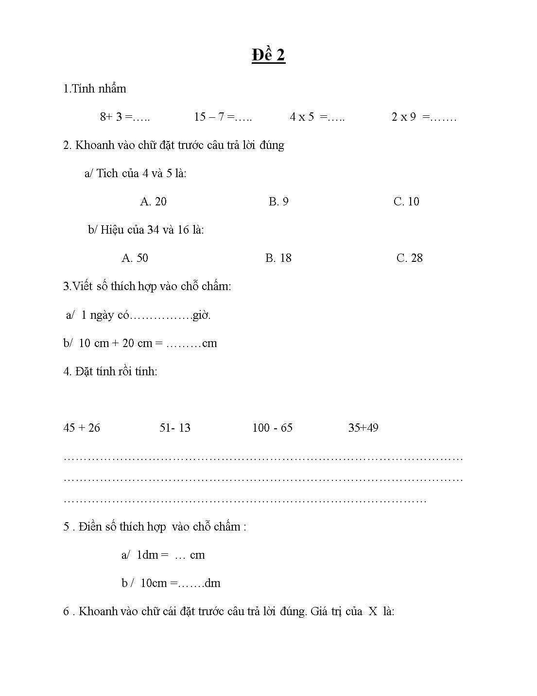 Đề cương ôn tập môn Toán lớp 2 - Trường tiểu học Bách Thuận trang 9