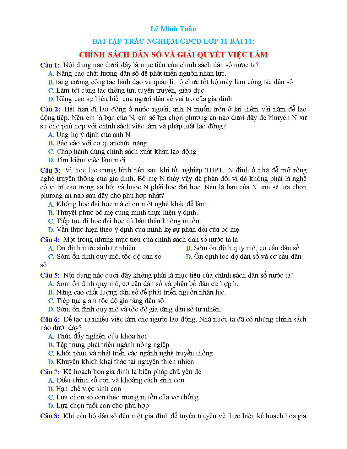 Bài tập trắc nghiệm môn Giáo dục công dân Lớp 11 - Bài 11: Chính sách dân số và giải quyết việc làm trang 1