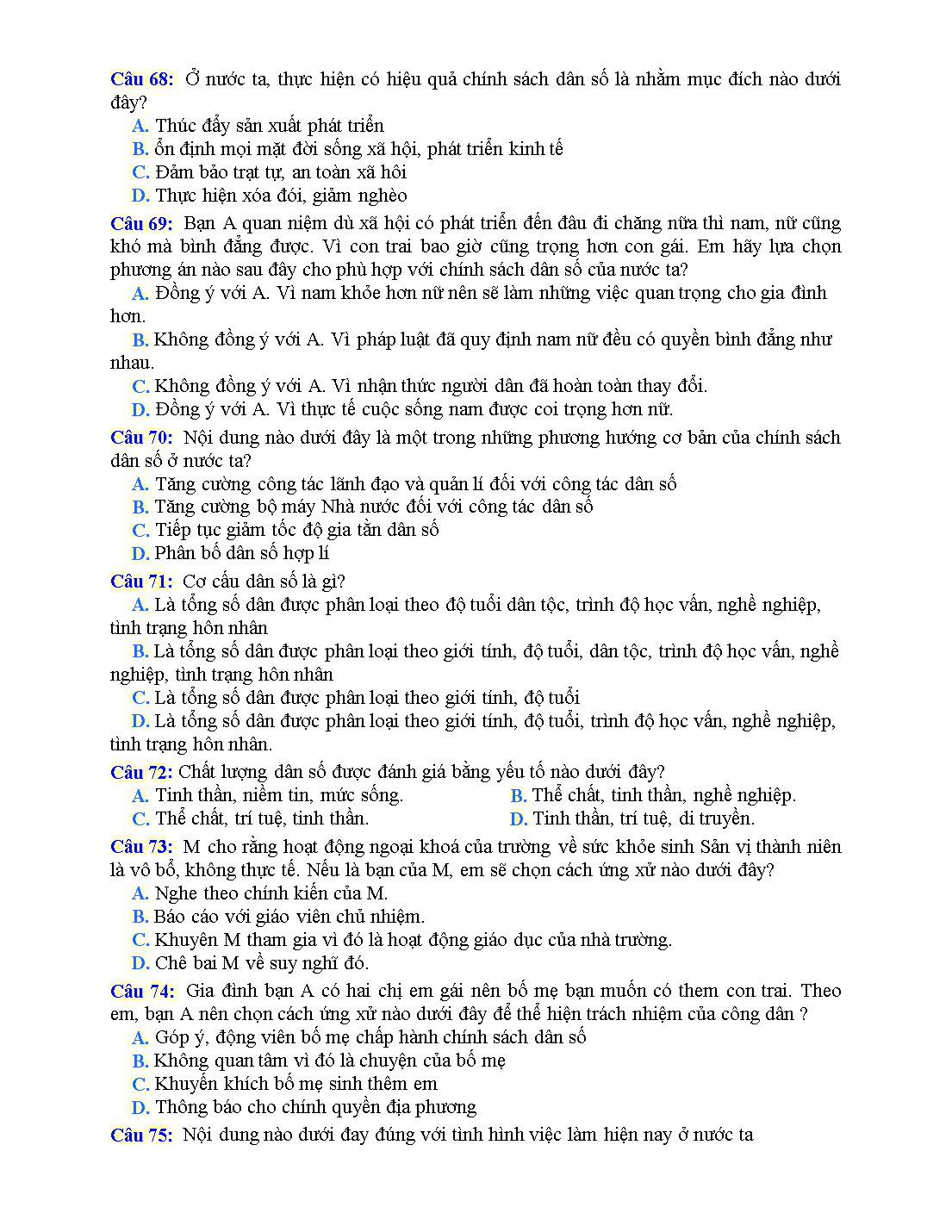 Bài tập trắc nghiệm môn Giáo dục công dân Lớp 11 - Bài 11: Chính sách dân số và giải quyết việc làm trang 9