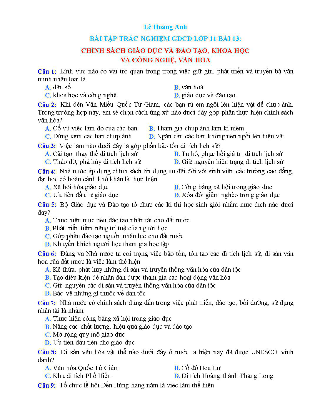 Bài tập trắc nghiệm môn Giáo dục công dân Lớp 11 - Bài 13: Chính sách giáo dục và đào tạo, khoa học và công nghệ, văn hóa trang 1